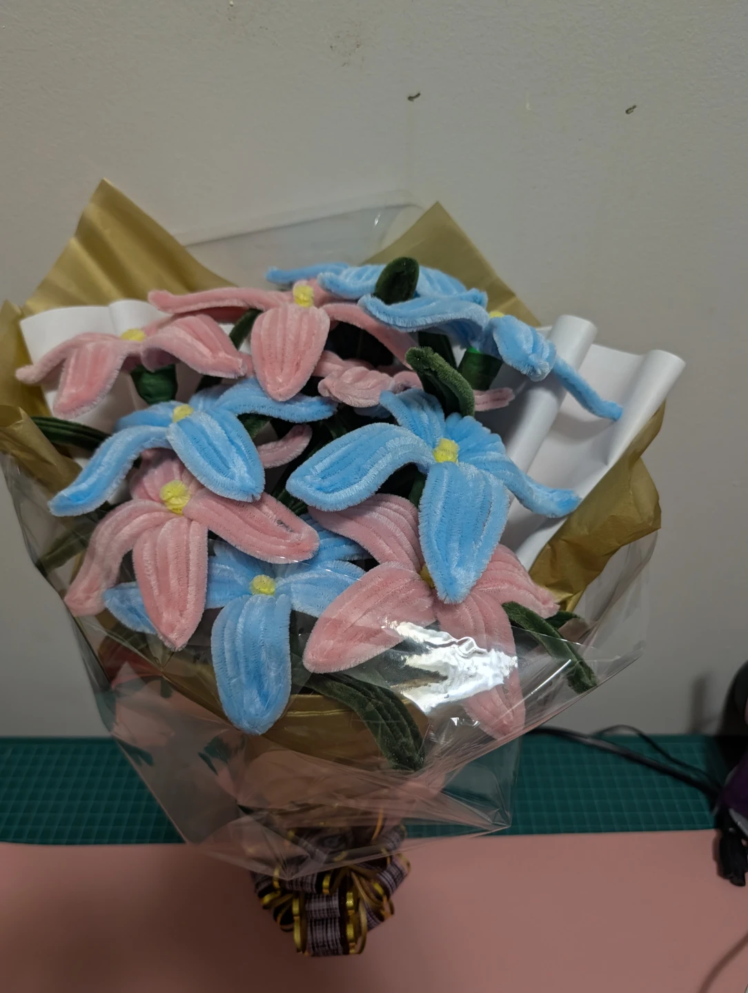 Handmade Pink & Blue Pipe Cleaner Flower Bouquet - photo 2