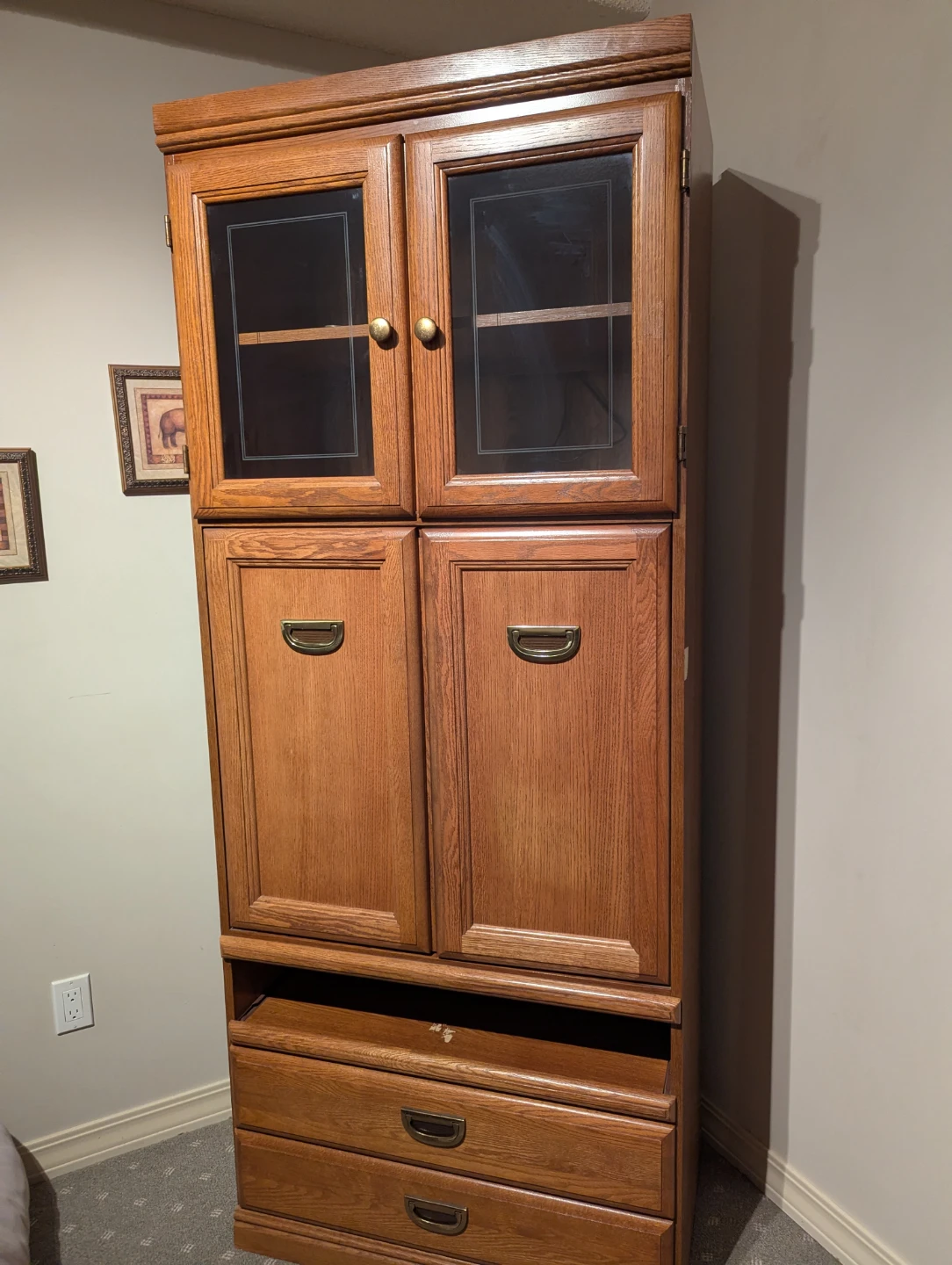 Wooden Armoire with Glass Doors with plug in light on back