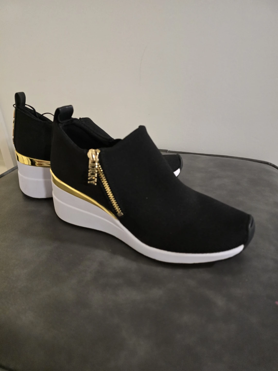 DKNY Black Wedge Sneakers with Gold Zipper Accent - photo 5