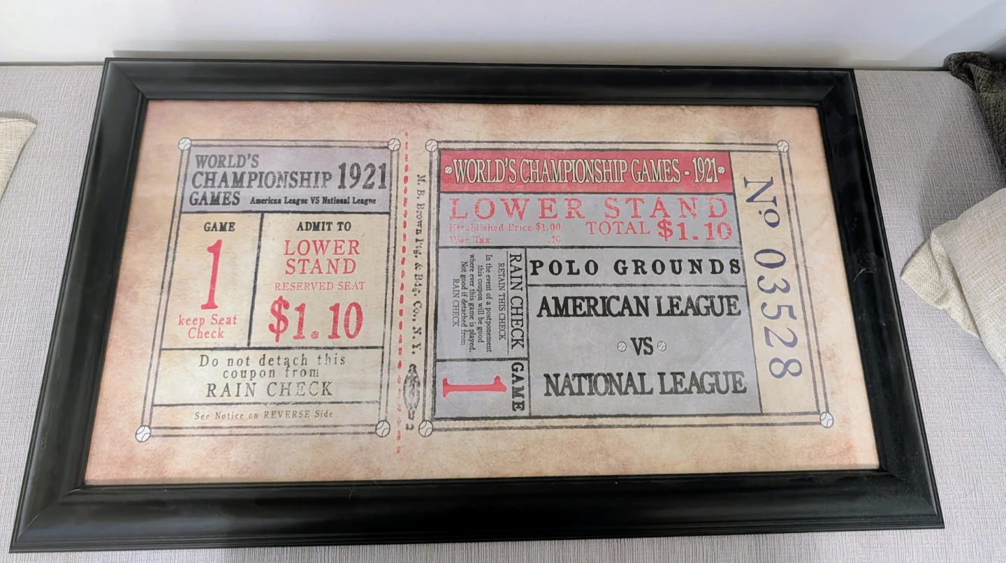 Framed 1921 World's Championship Baseball Game Ticket Decor