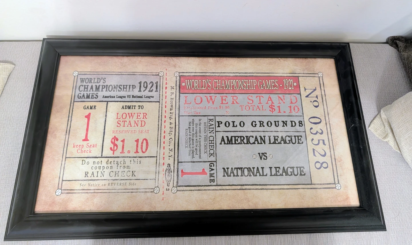 Framed 1921 World's Championship Baseball Game Ticket Decor - photo 2