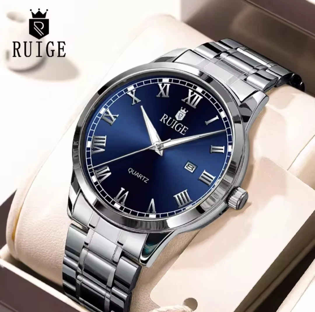 RUIGE Quartz Watch - Blue Face, Silver Band