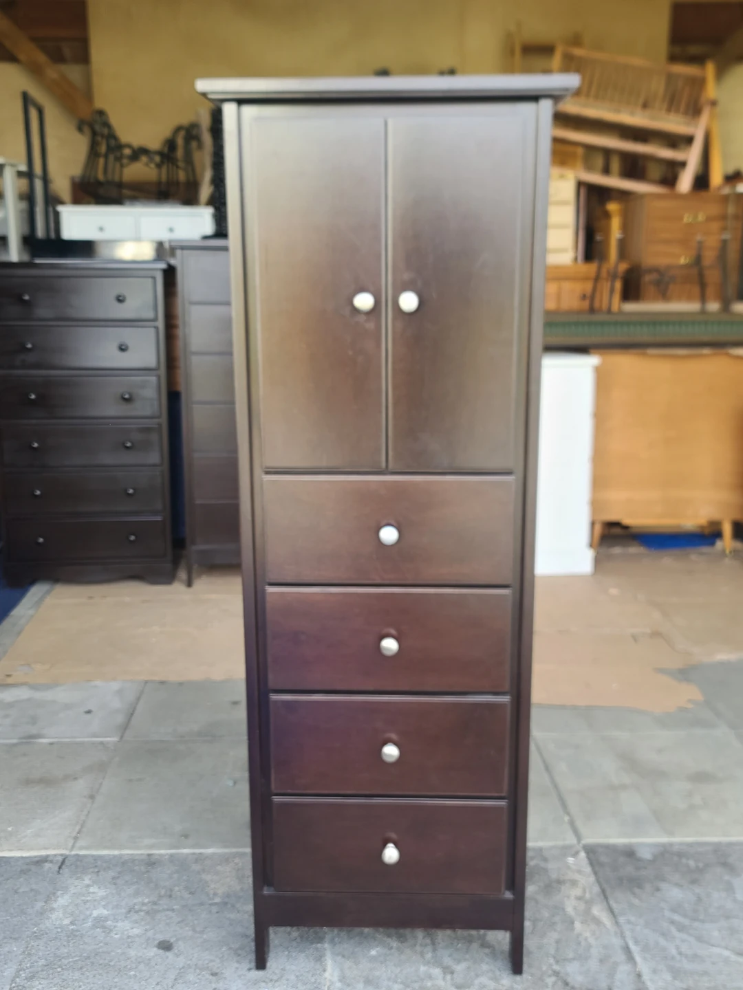 Dark Brown Tall Dresser with Cabinet Doors