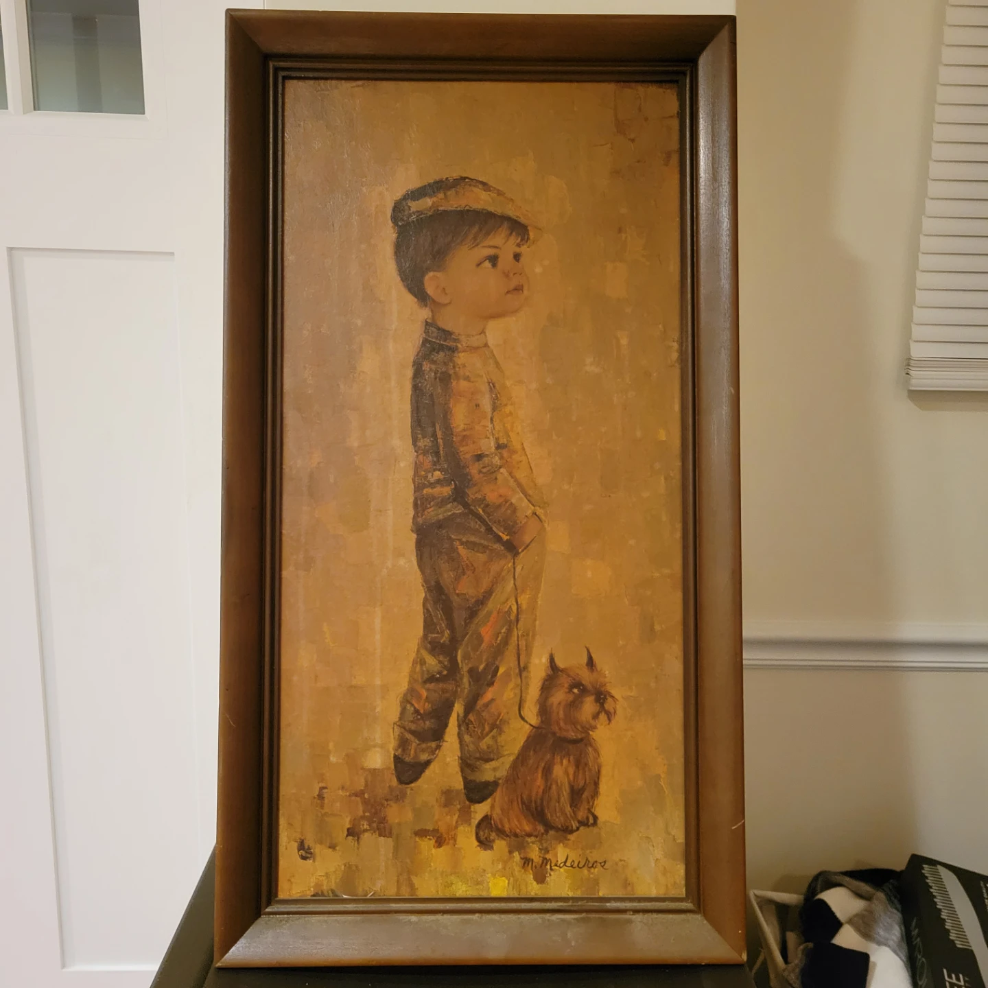 Framed Painting of Boy and Dog by M. Madeiros