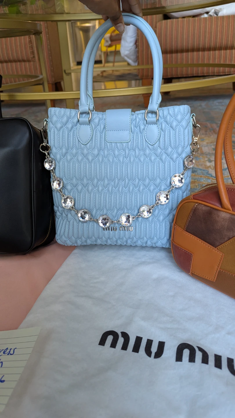 Miu Miu Light Blue Quilted Leather Handbag with Crystal Chain