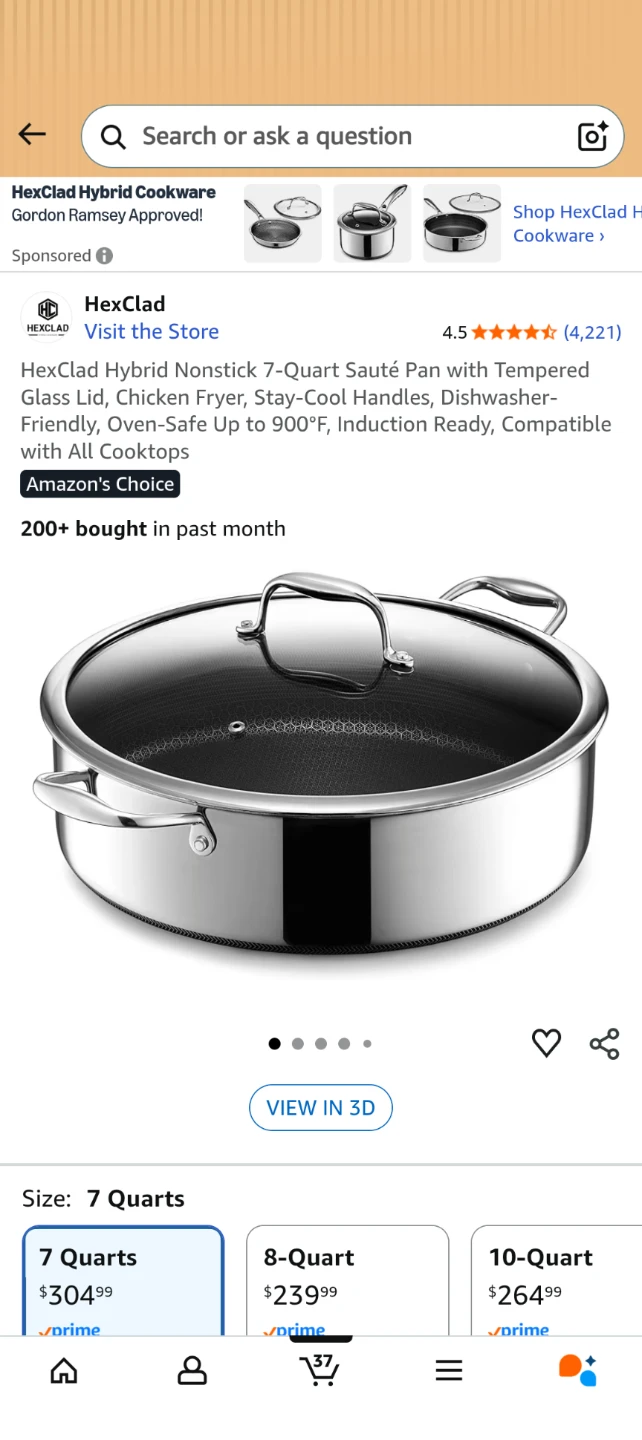 HexClad Hybrid Nonstick 7-Quart Sauté Pan with Lid