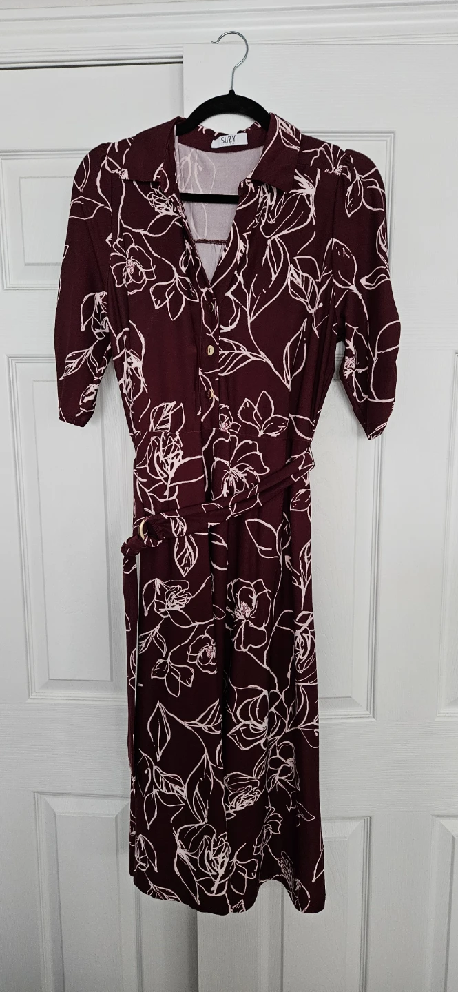 Suzy Shier Women's Burgundy Floral Shirt Dress Size L/G