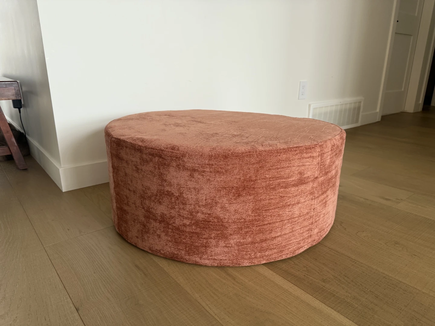Round Velvet Ottoman - Coral Colour