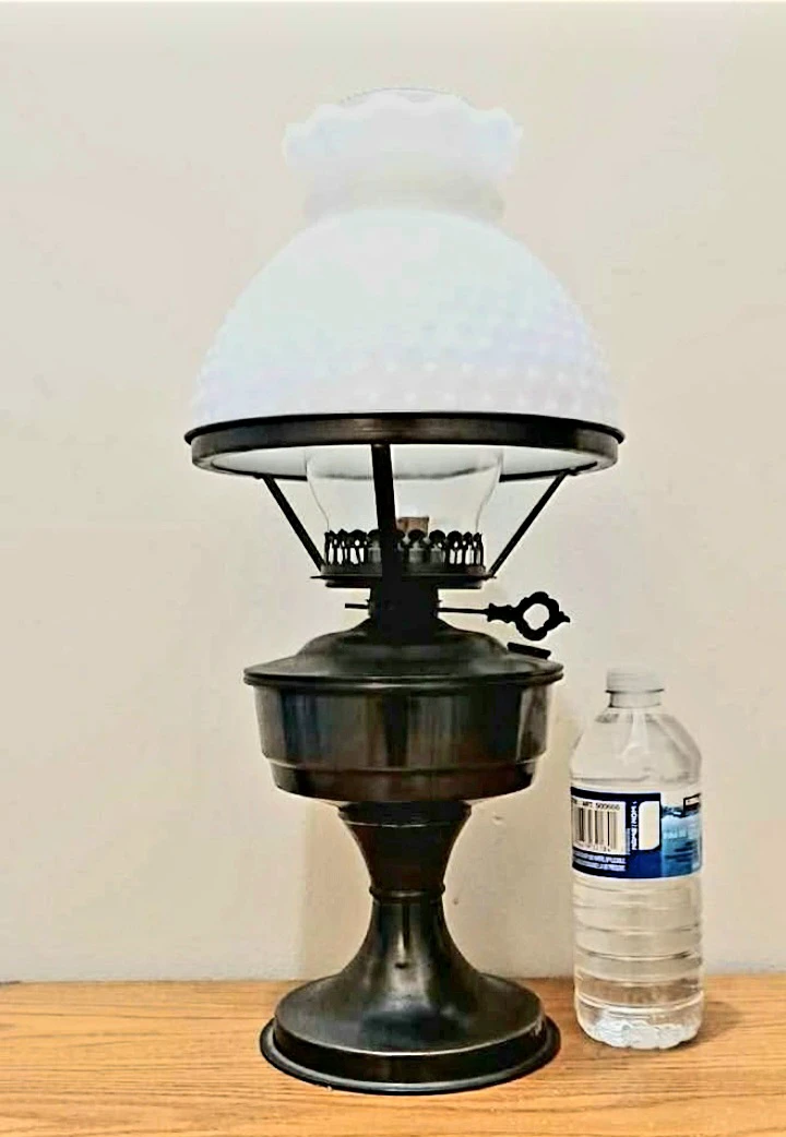 Unique Antique Tall Hobnail Milk Glass  Oil Lamp