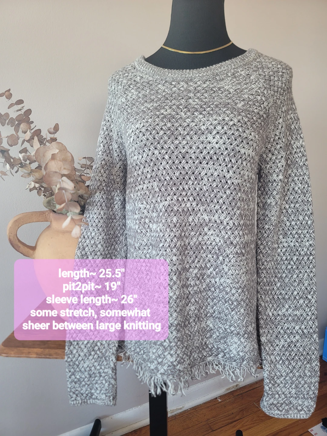 Lucky Brand Gray Weave Fringe Hem Sweater Crew Women's Size SP