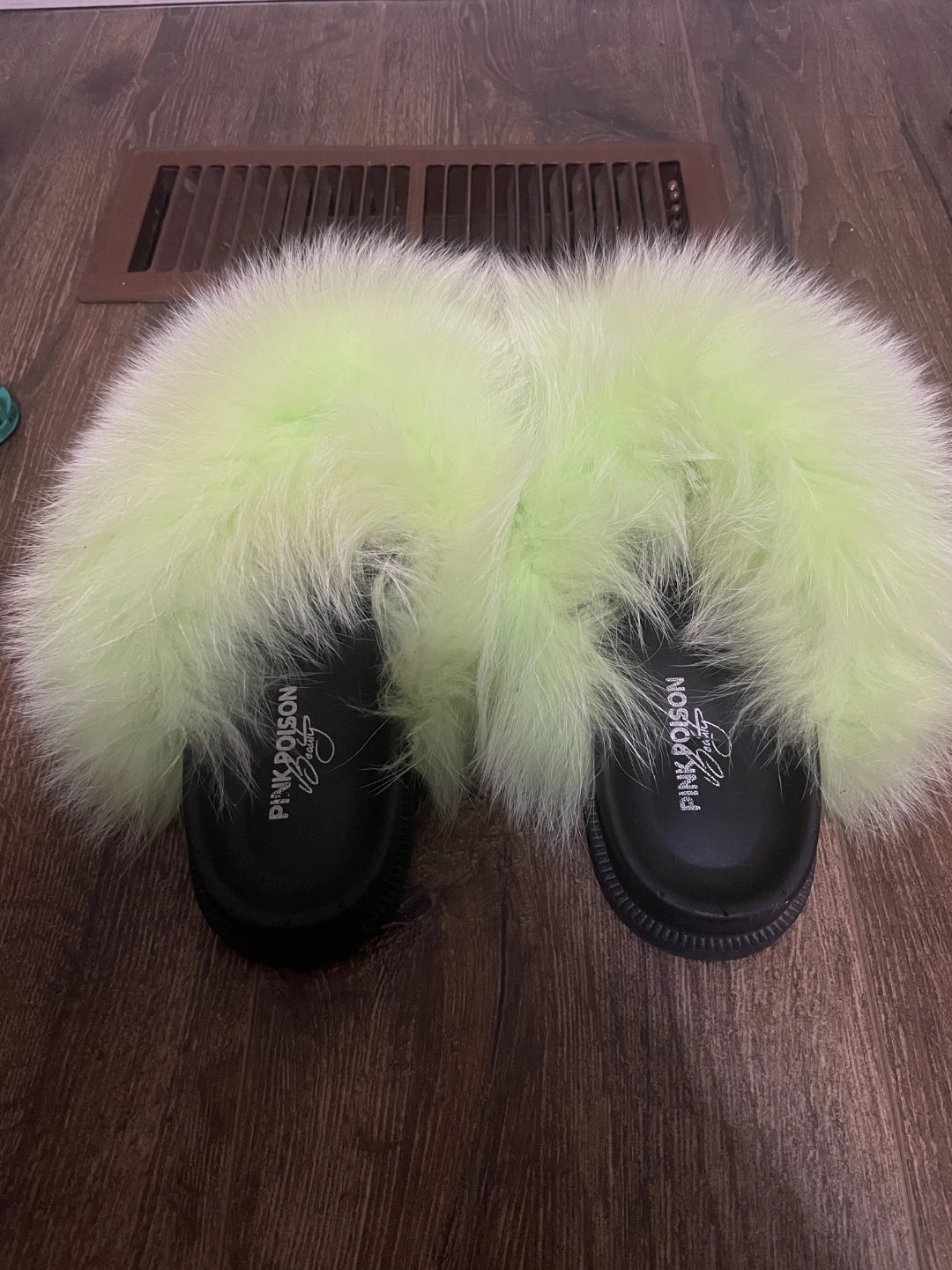 Pink Poison Lime Green Fur Slides