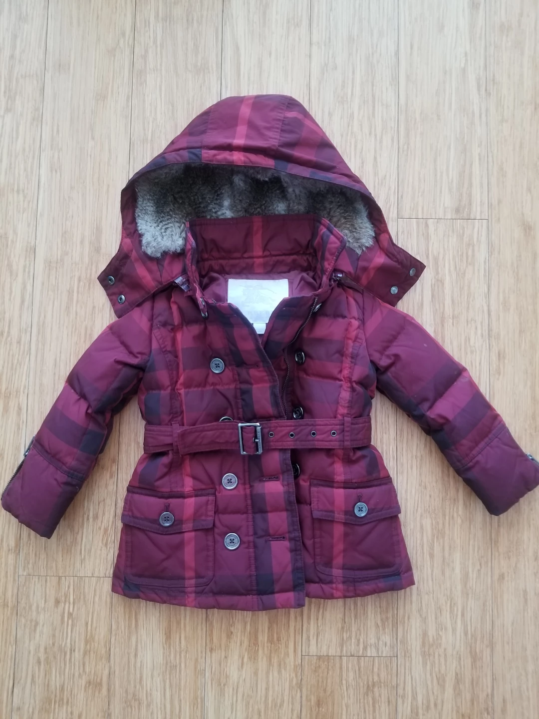 Burberry Children's Plaid Puffer Jacket with Belt