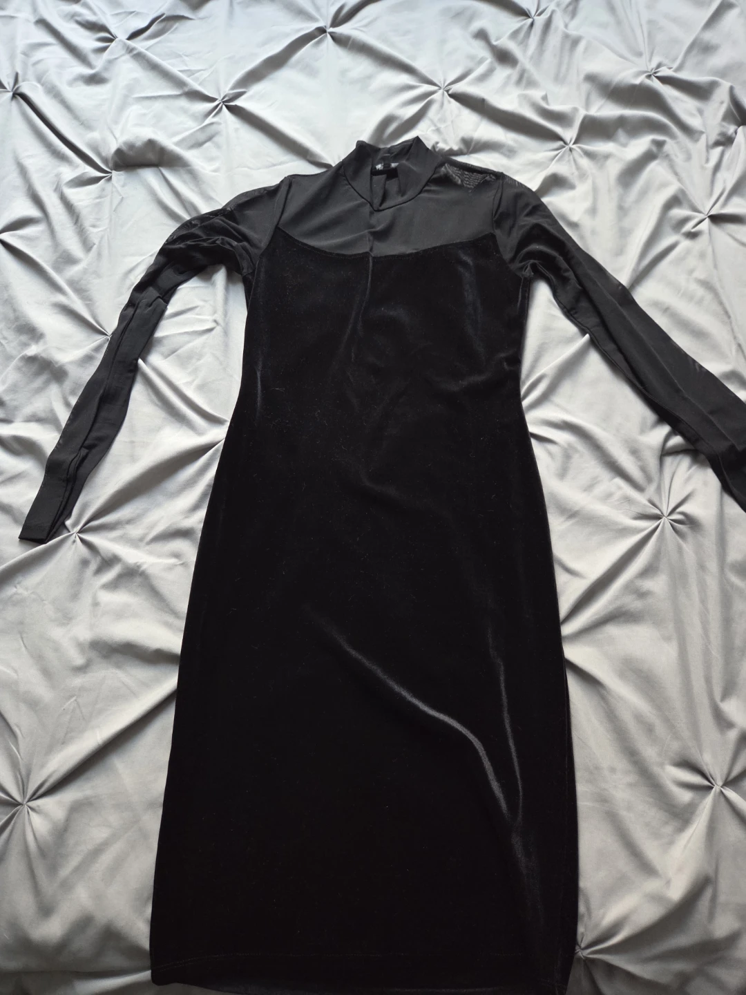 Black Velvet Mesh Long Sleeve Mini Dress