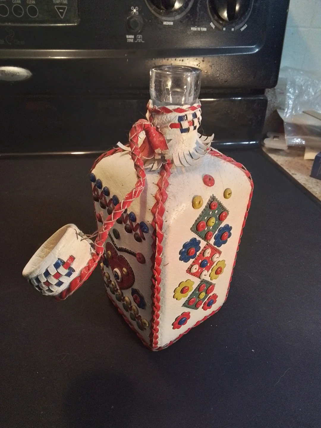 Vintage Folk Art Decanter Wrapped in Hand Stitched White - photo 5