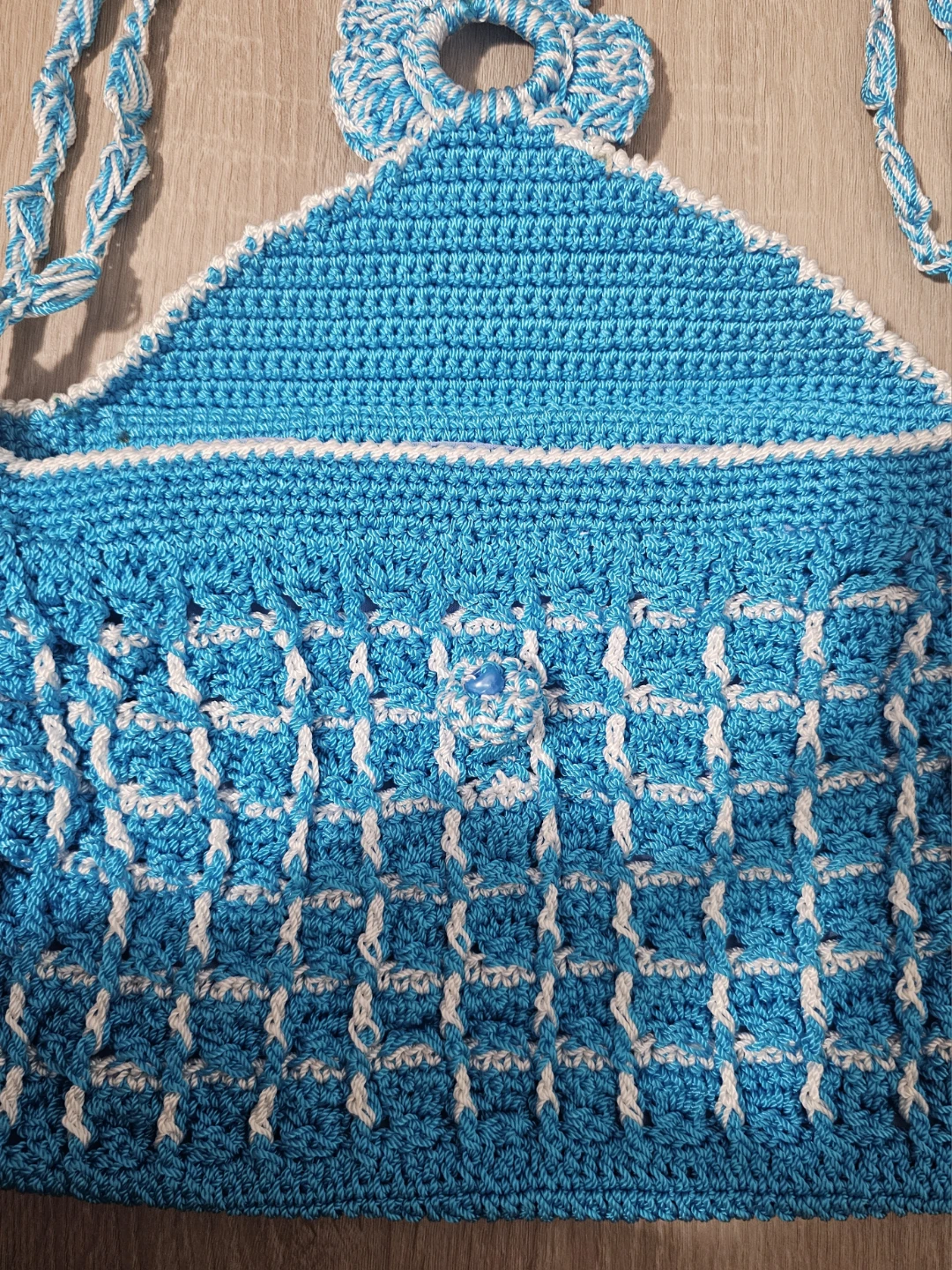 Crocheted Blue & White Shoulder Bag with Flower Accent - photo 4