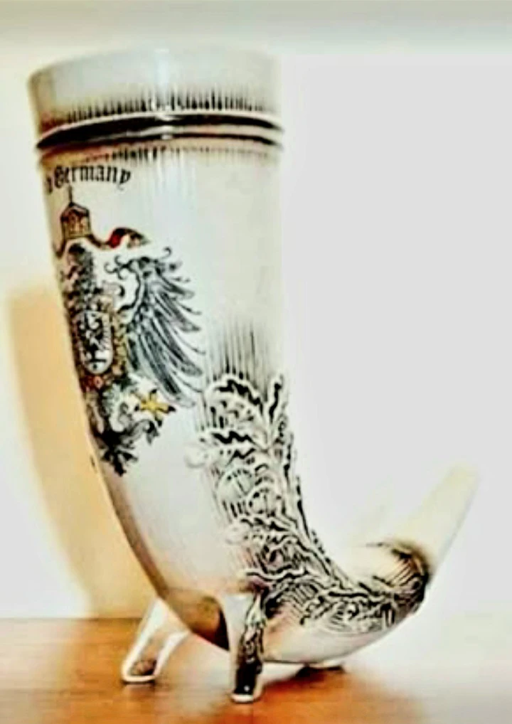 Vtg Rare German Hand Painted Textured Ceramic Horn Beer Stein - photo 2