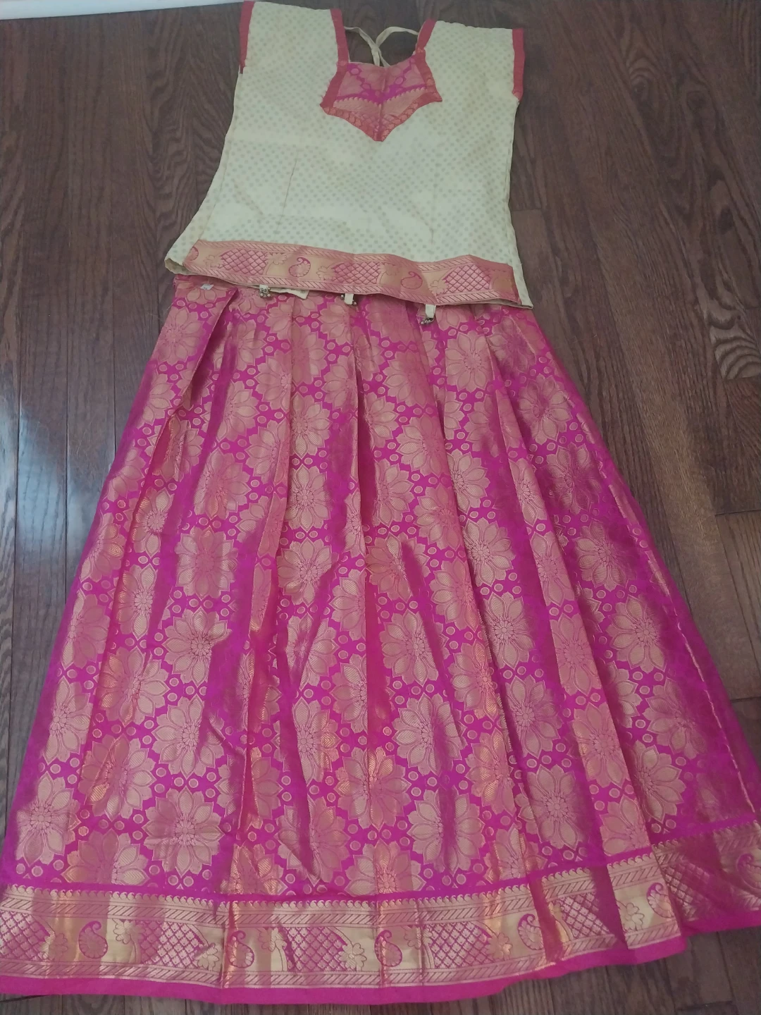 Cream and Pink Brocade Skirt and Top Set