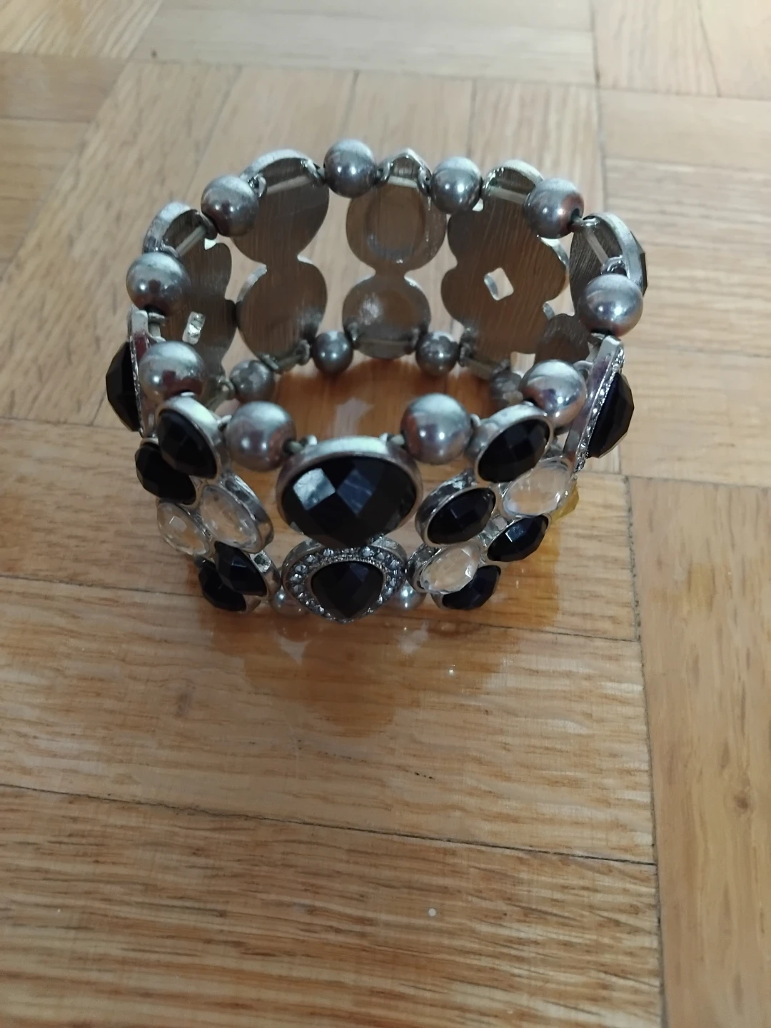 Silver tone elastic bracelets with black and clear gems - photo 2