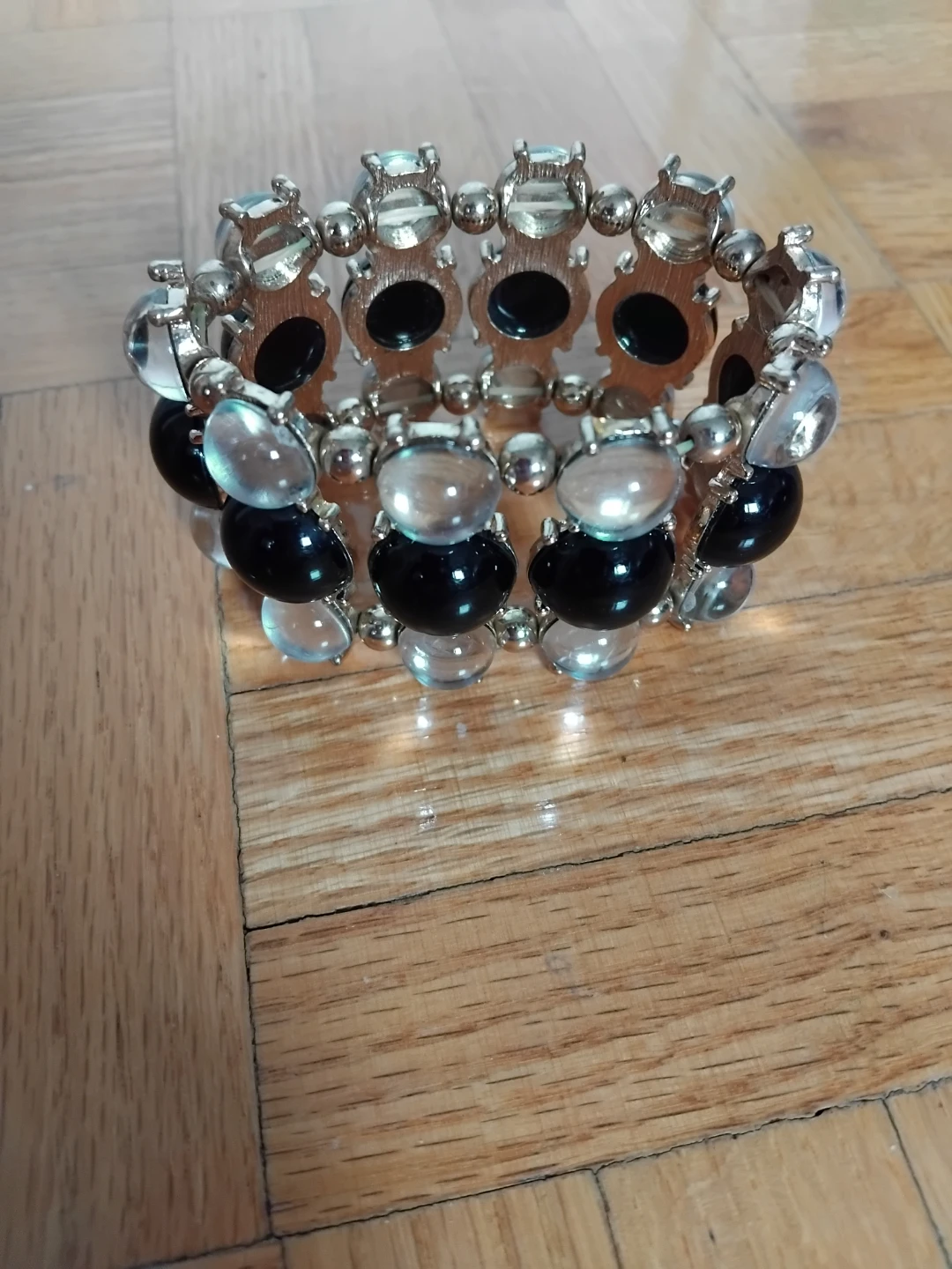 Silver tone elastic bracelets with black and clear gems - photo 3