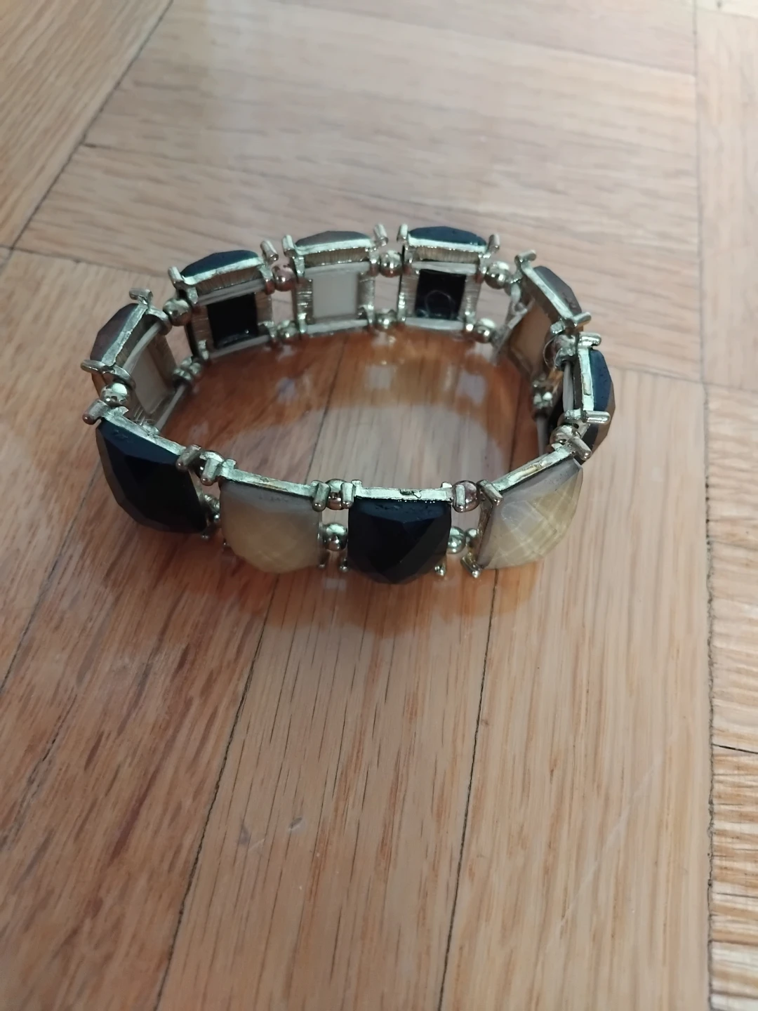Silver tone elastic bracelets with black and clear gems - photo 4