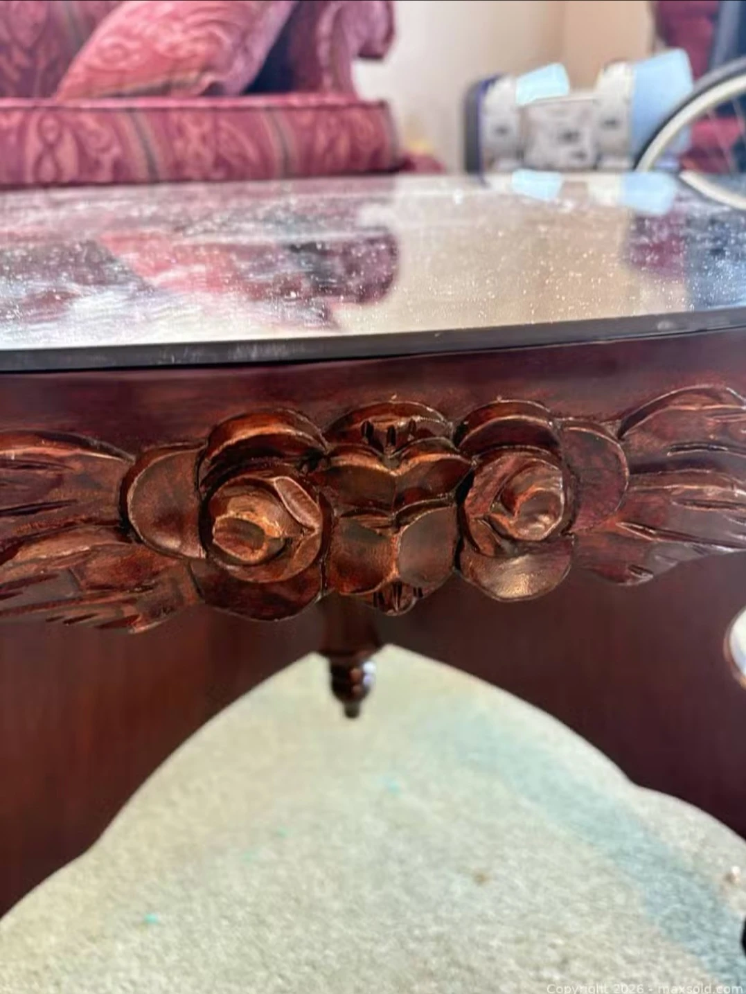 Oval Coffee Table with Mirrored Top and Carved Wood Base - photo 2
