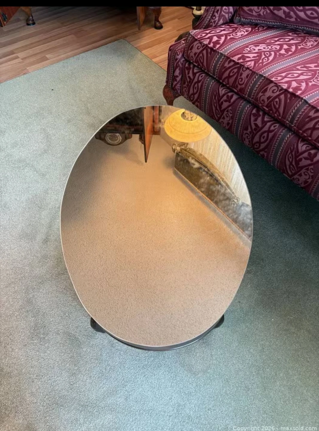 Oval Coffee Table with Mirrored Top and Carved Wood Base - photo 5