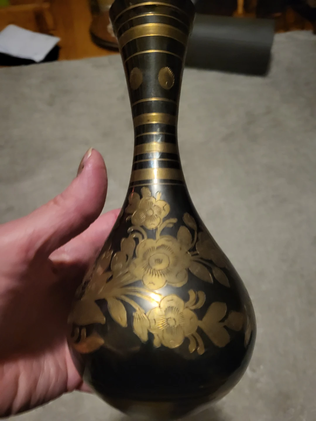 Vintage Black and Gold Floral Brass Vase