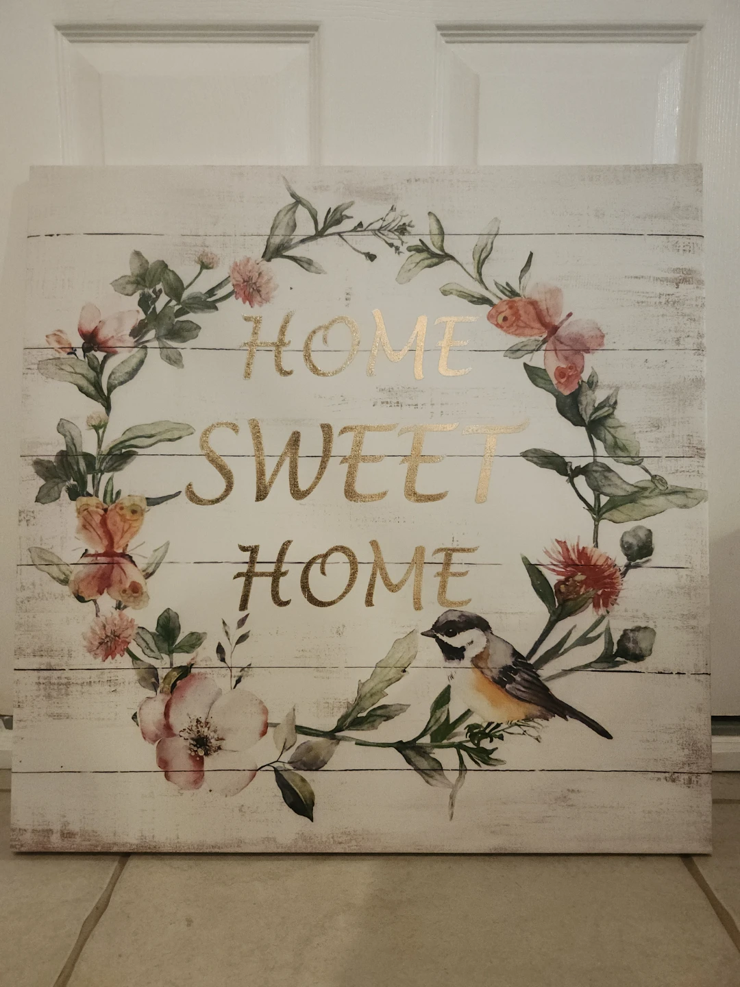 Home Sweet Home Wall Art with Floral Wreath and Bird