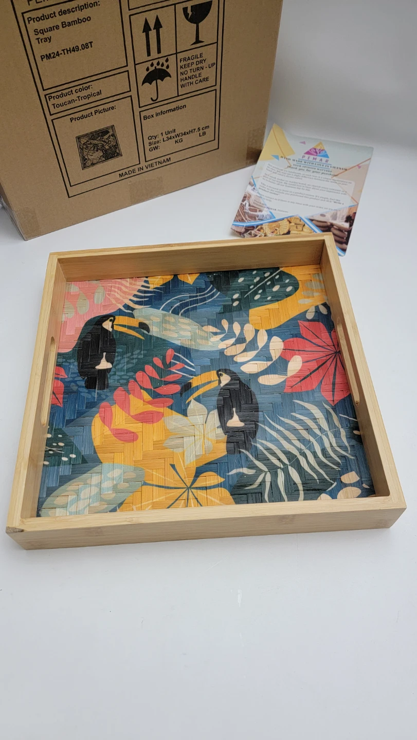 Bamboo Serving & Decor Tray 12.2” Square | Woven Art Tray Toucan
