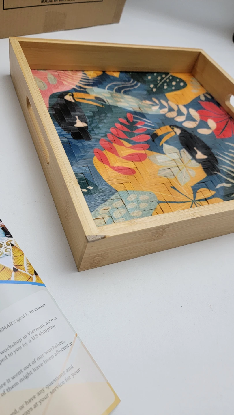 Bamboo Serving & Decor Tray 12.2” Square | Woven Art Tray Toucan - photo 4