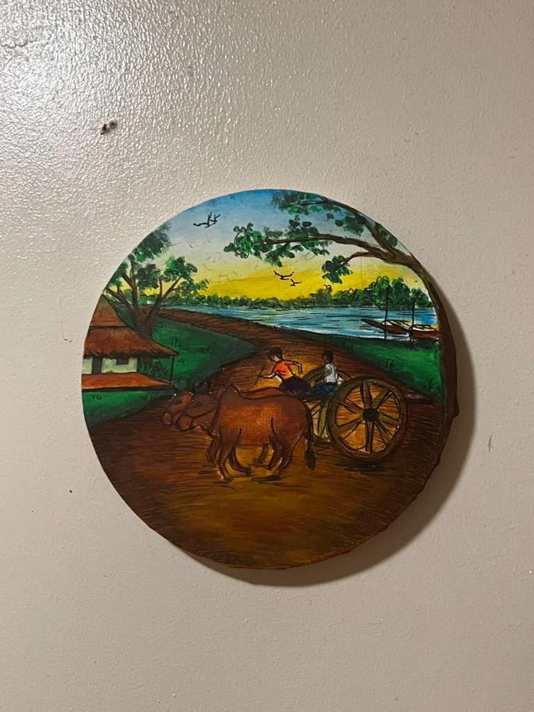 Hand-Painted Wooden Wall Art - Village Scene