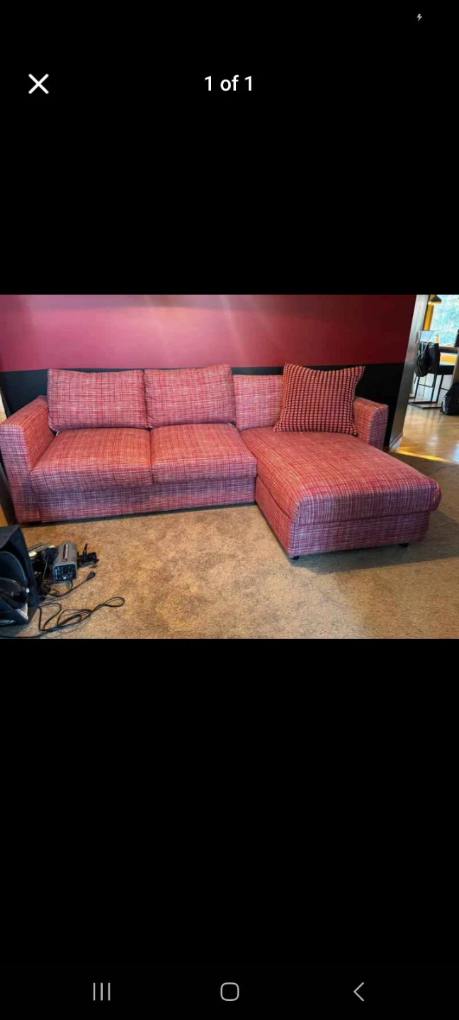 Red Patterned Sectional Sofa with Chaise