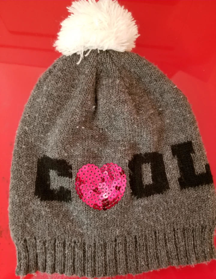 Grey Knit Beanie with "COOL" & Heart Detail