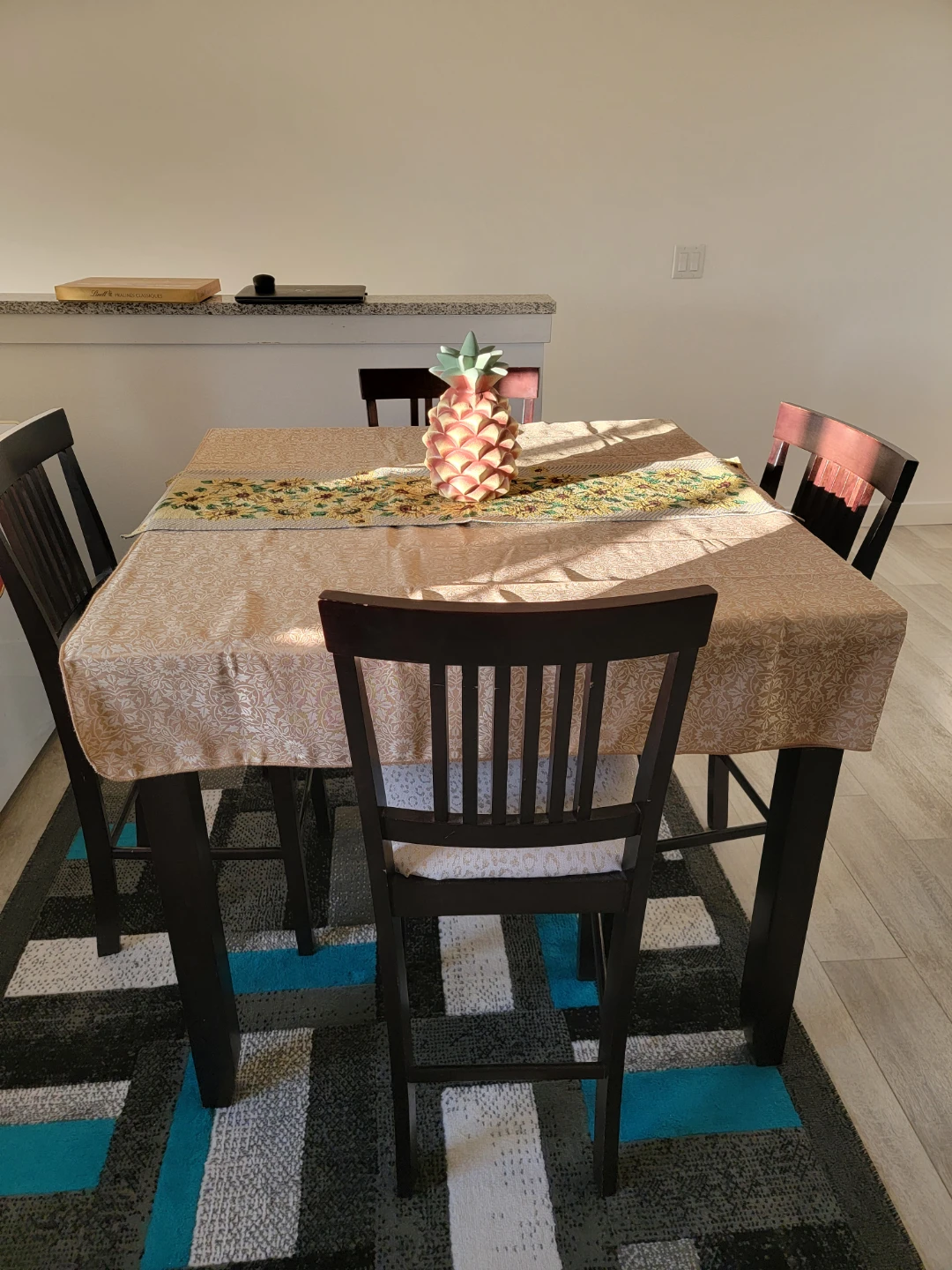 Set of 4 Dark Wood Counter Height Chairs with Patterned Seats - photo 2