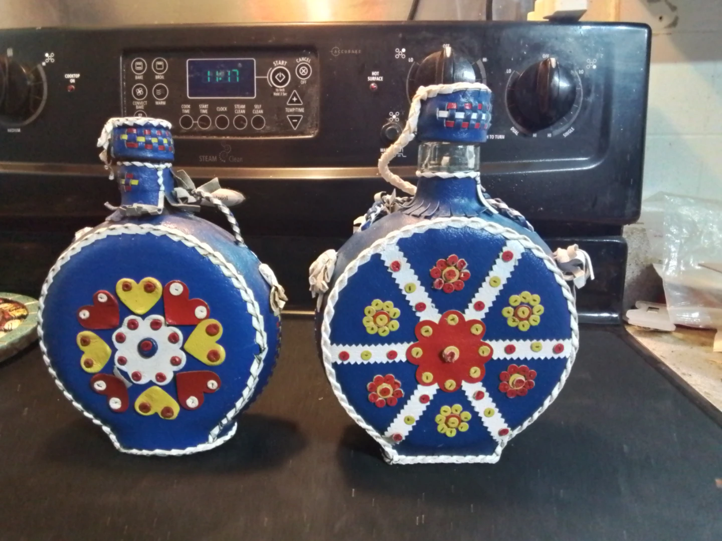 Vintage Folk Art Decanters Wrapped in Hand Stitched