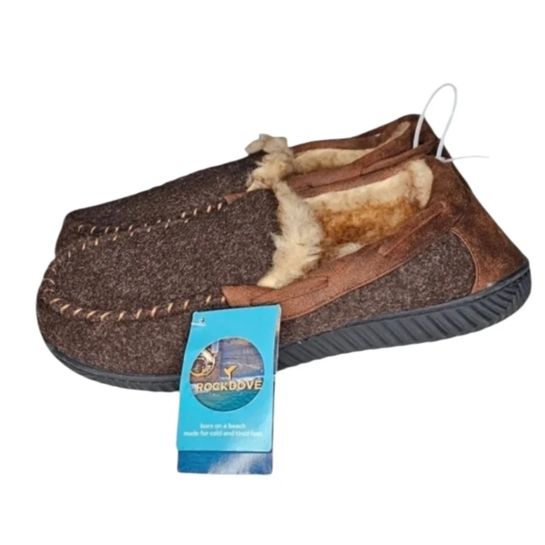 Brown Moccasin-style Slippers w Faux Fur Lining