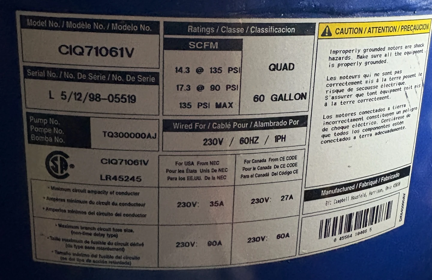 60 Gallon 7.5HP 135PSI Campbell Hausfeld Air Compressor - photo 3