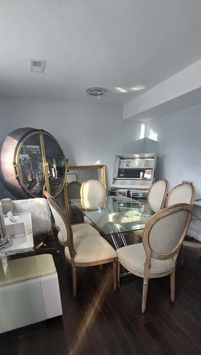 Glass Dining Table with 6 Restoration Hardware Chairs
