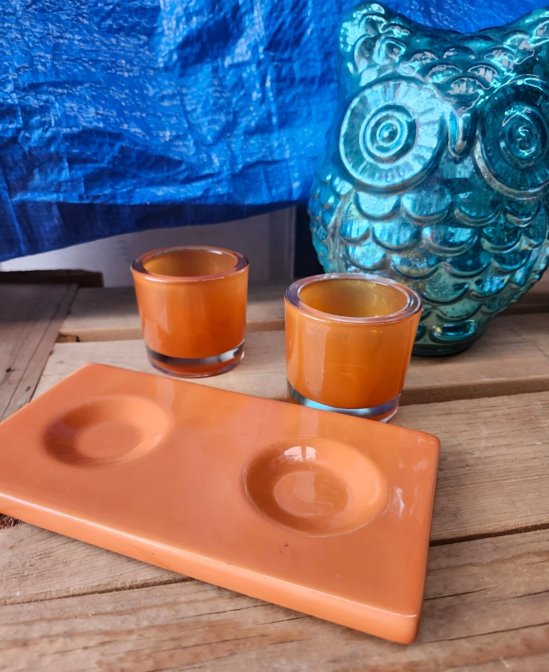 Orange Glass Candle Holders and Teal Owl Figurine