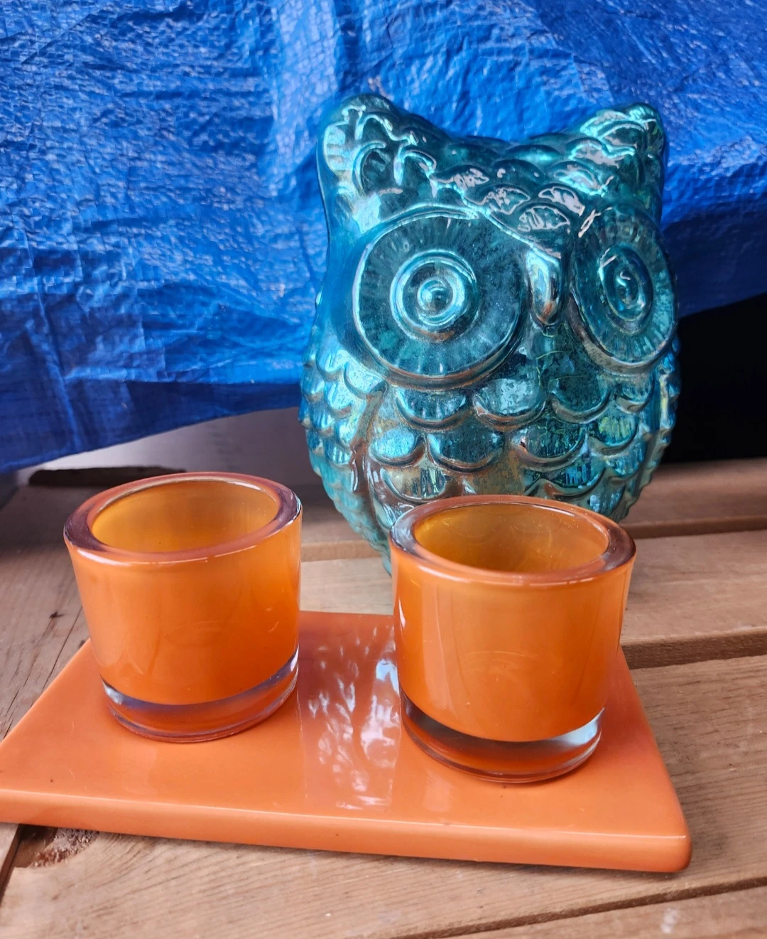Orange Glass Candle Holders and Teal Owl Figurine - photo 3