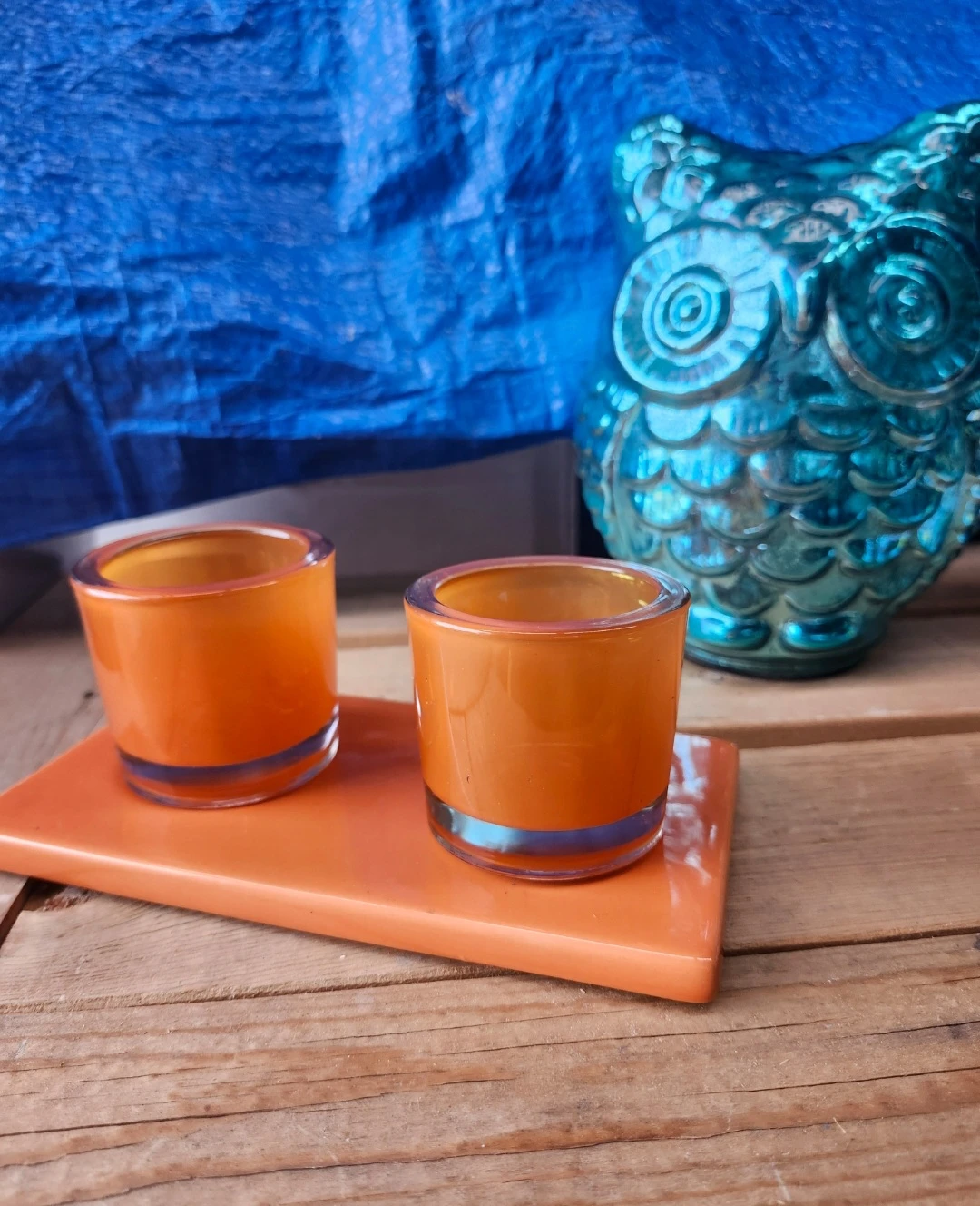 Orange Glass Candle Holders and Teal Owl Figurine - photo 4