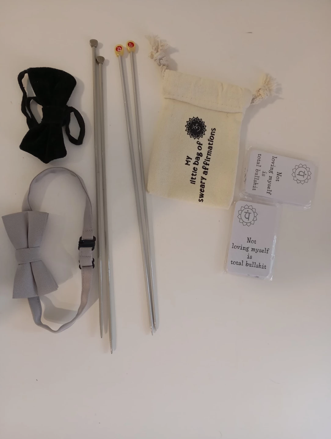 Knitting Needles, Bow Ties & Affirmation Cards