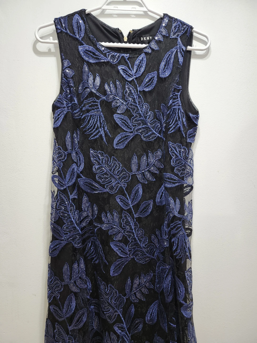 DKNY Black Blue Floral Lace Sequin Sleeveless Dress Size 4