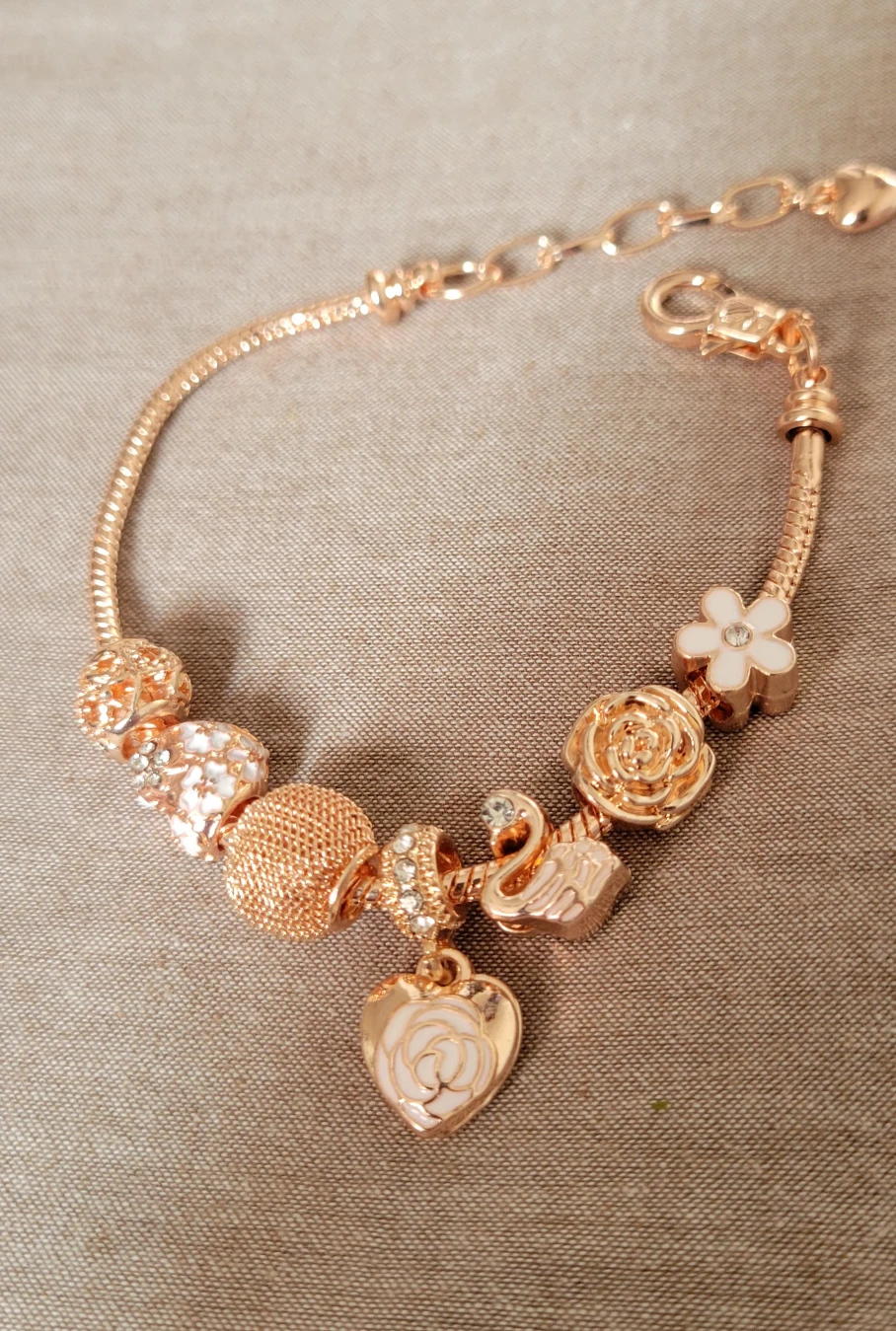 Rose Gold Charm Bracelet with Swan, Rose, and Heart Charms - photo 2