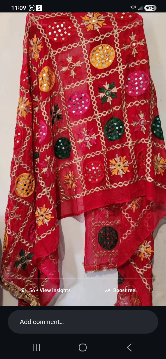 Red Embroidered Dupatta with Mirror Work