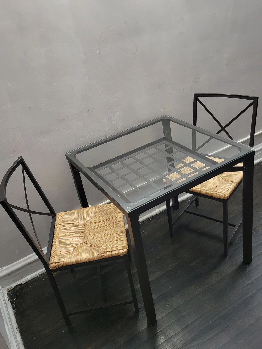 Glass Top Dining Table with Two Woven Chairs