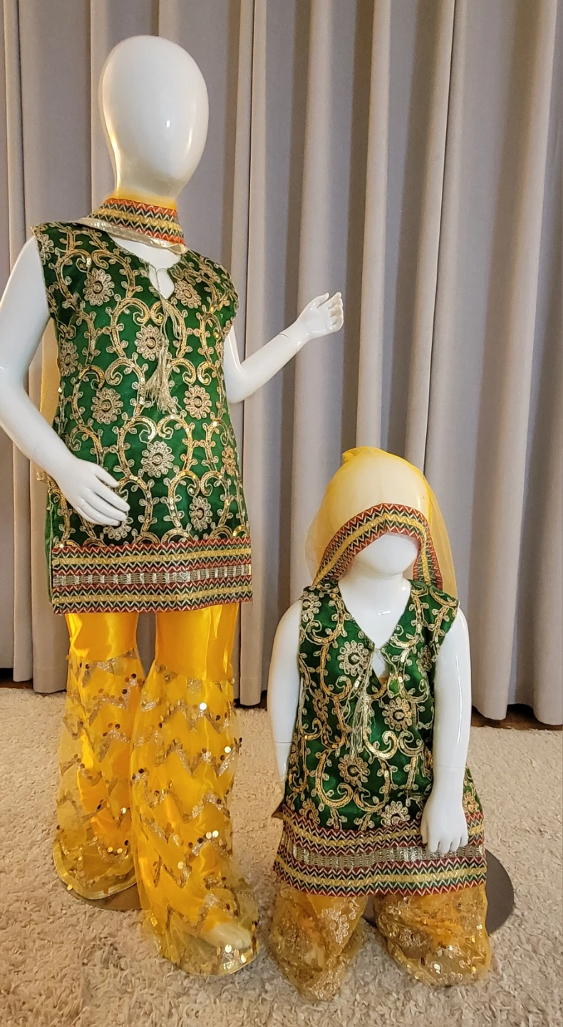 Embellished Green and Yellow Girls' Traditional Outfit
