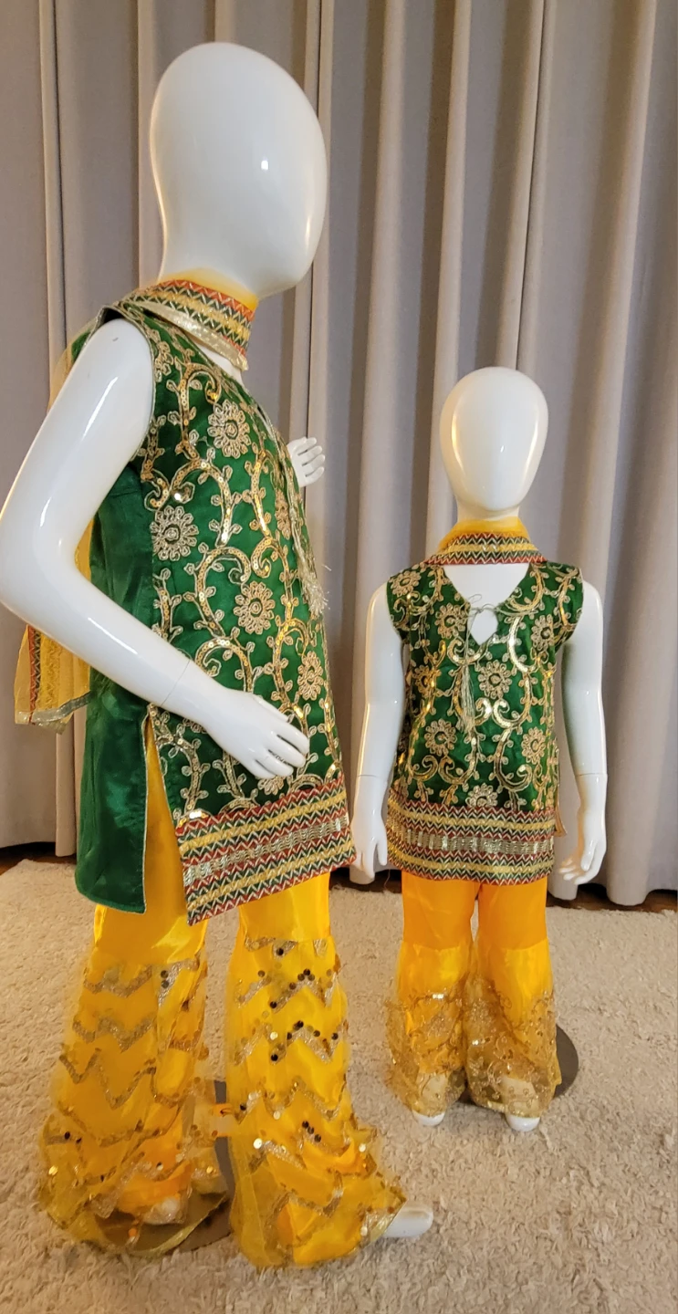 Embellished Green and Yellow Girls' Traditional Outfit - photo 2