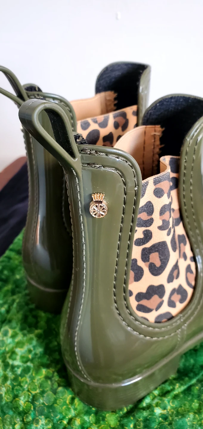 Lemon Jelly Olive Green Leopard Print Ankle Rain Boots Size 39 - photo 3