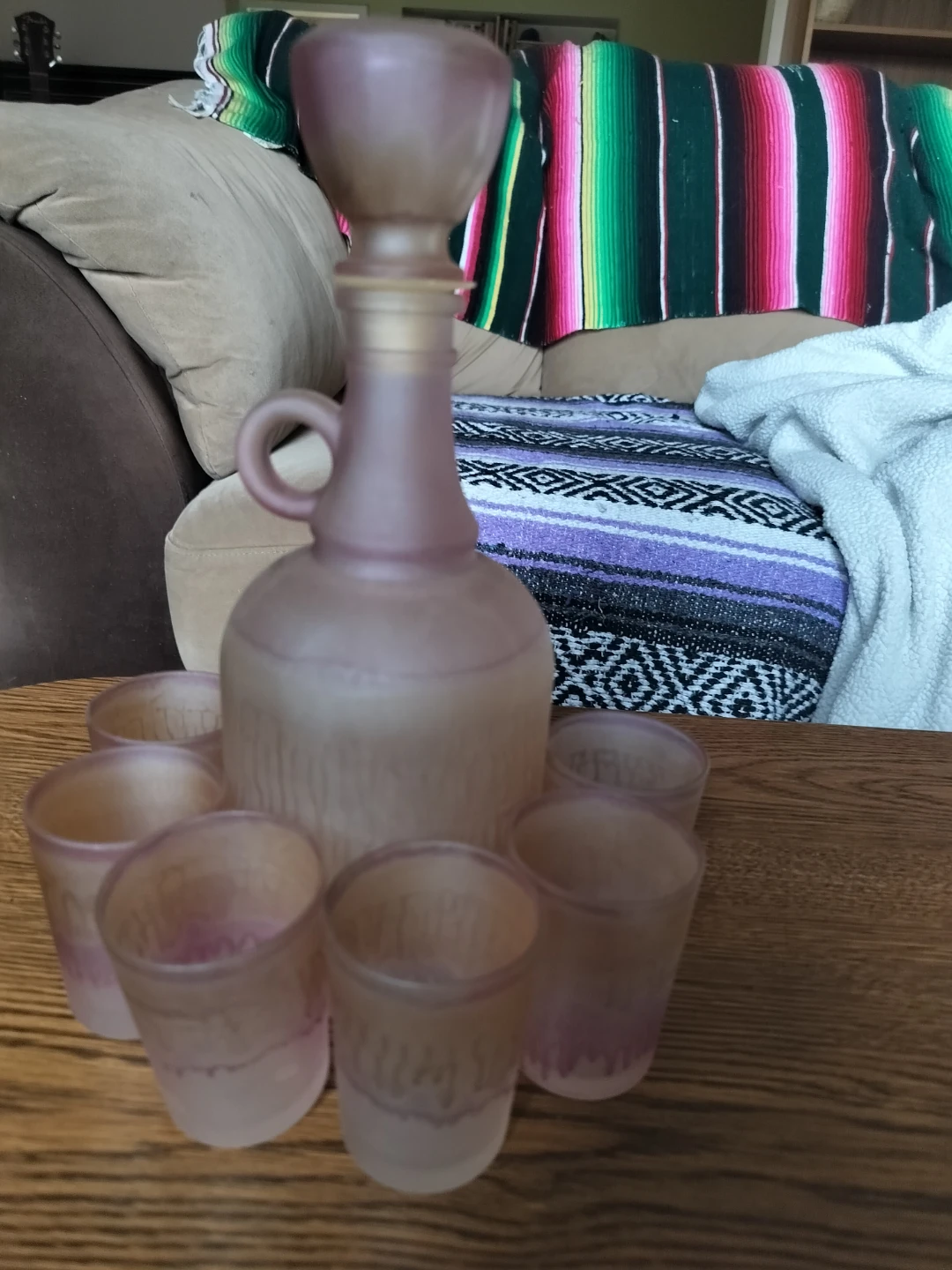 Vintage Frosted Pink Glass Decanter and Shot Glasses Set